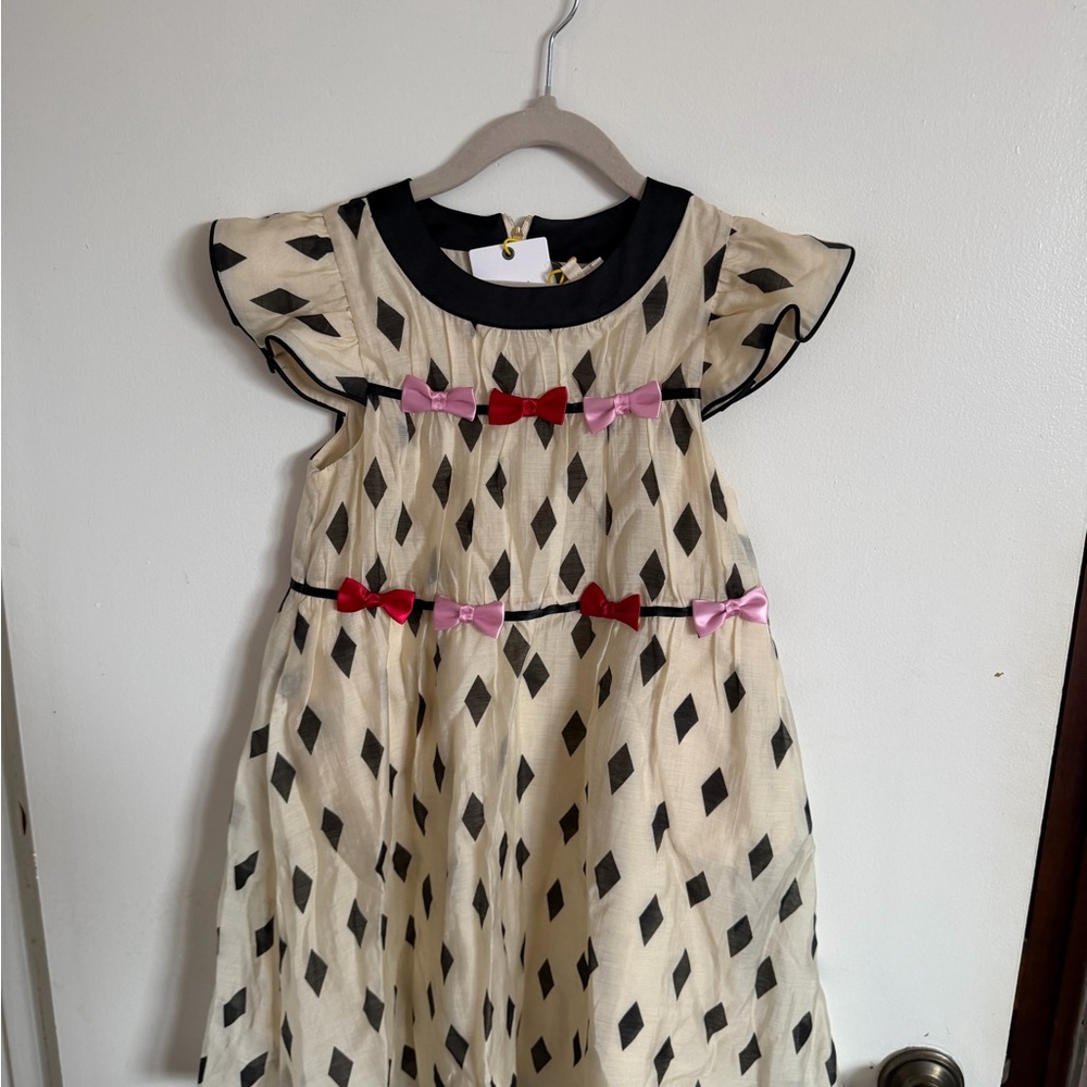 Elegant Kids Dress with Cream and Black Diamond Pattern